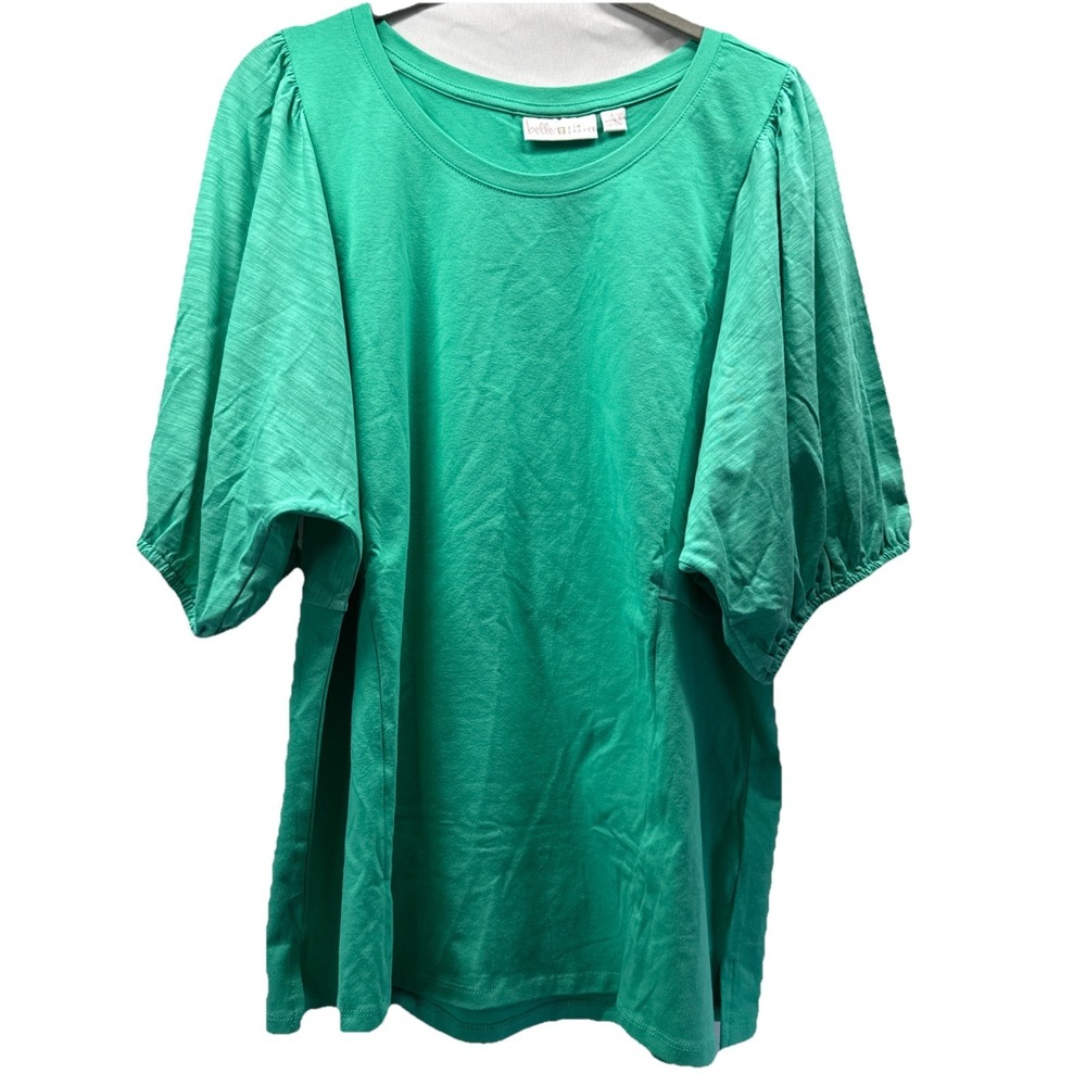 Belle Kim Gravel Womens Top L Solid Green Puff Sleeve Cotton Blend Pullover Slit